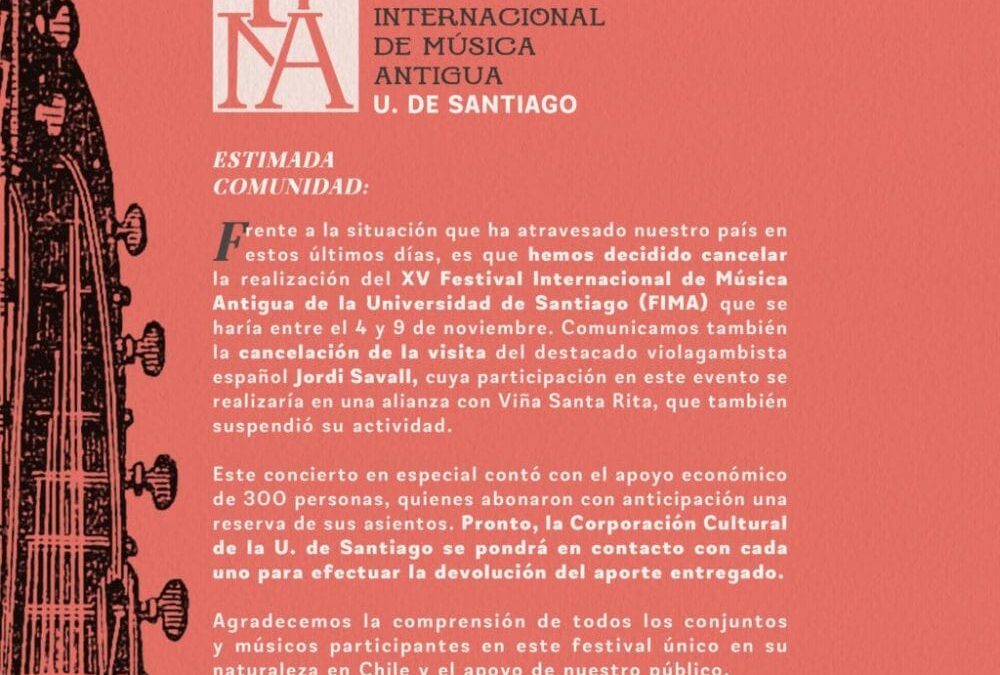 Se suspende el XV Festival Internacional de Música Antigua Usach